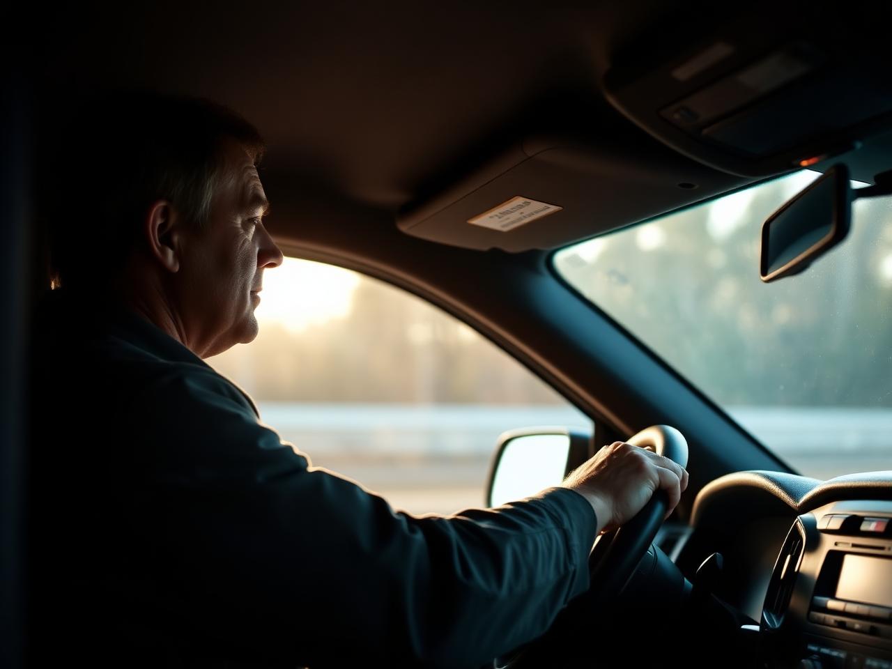 Conductor de flotilla al volante de una pickup de trabajo al amanecer
