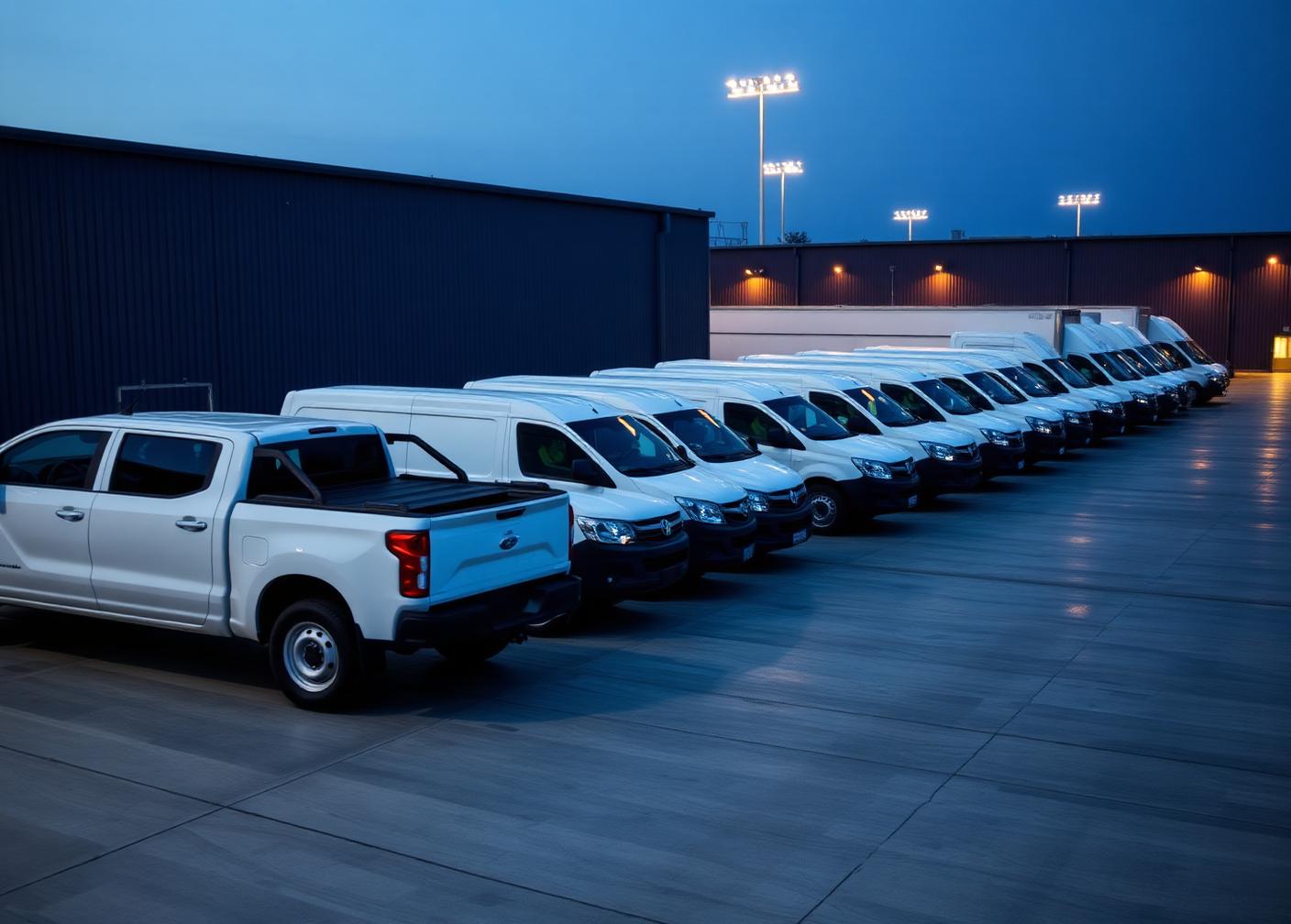 Flotilla de pickups y vans en patio industrial