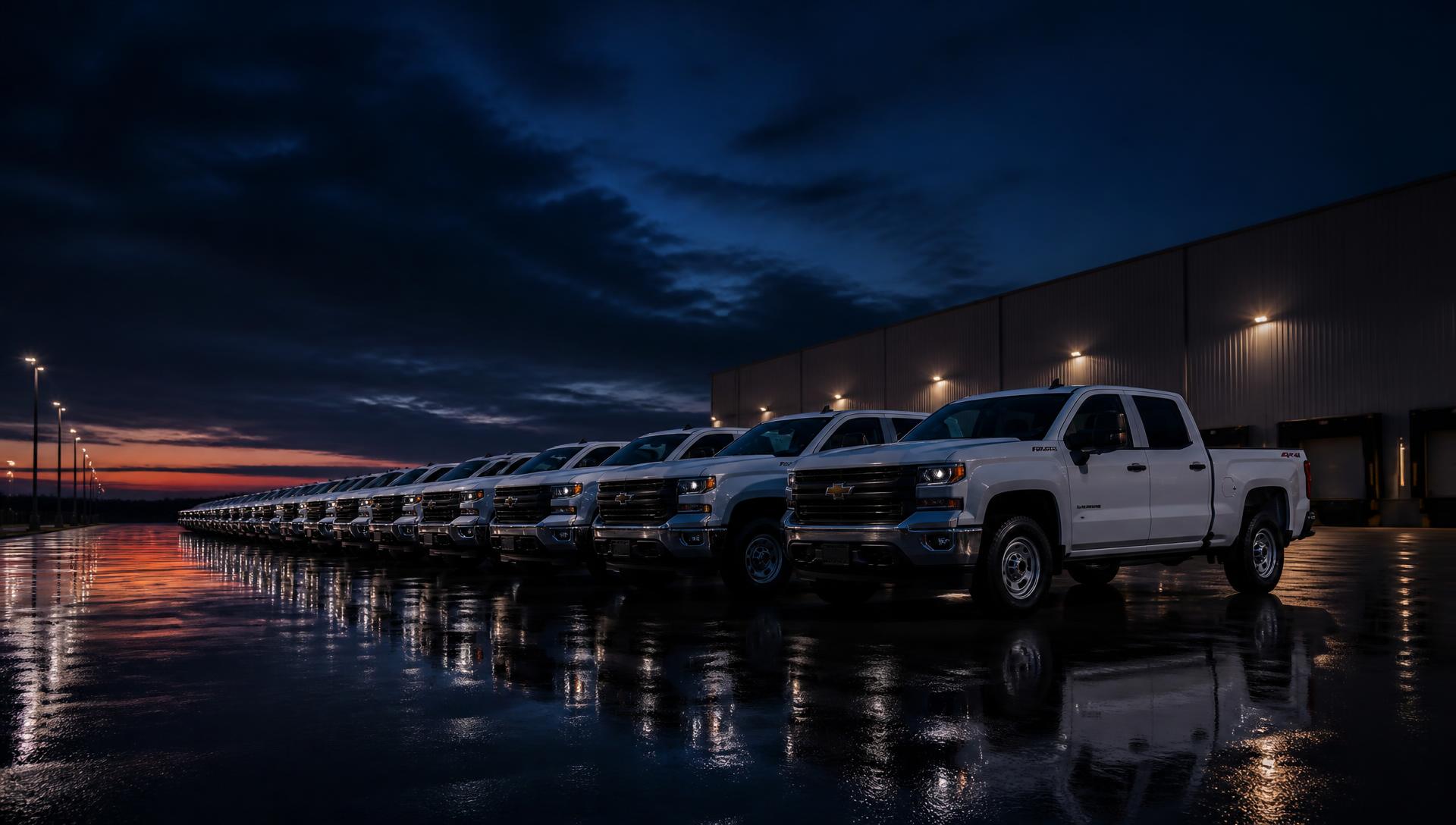 Flotilla de pickups blancas al amanecer