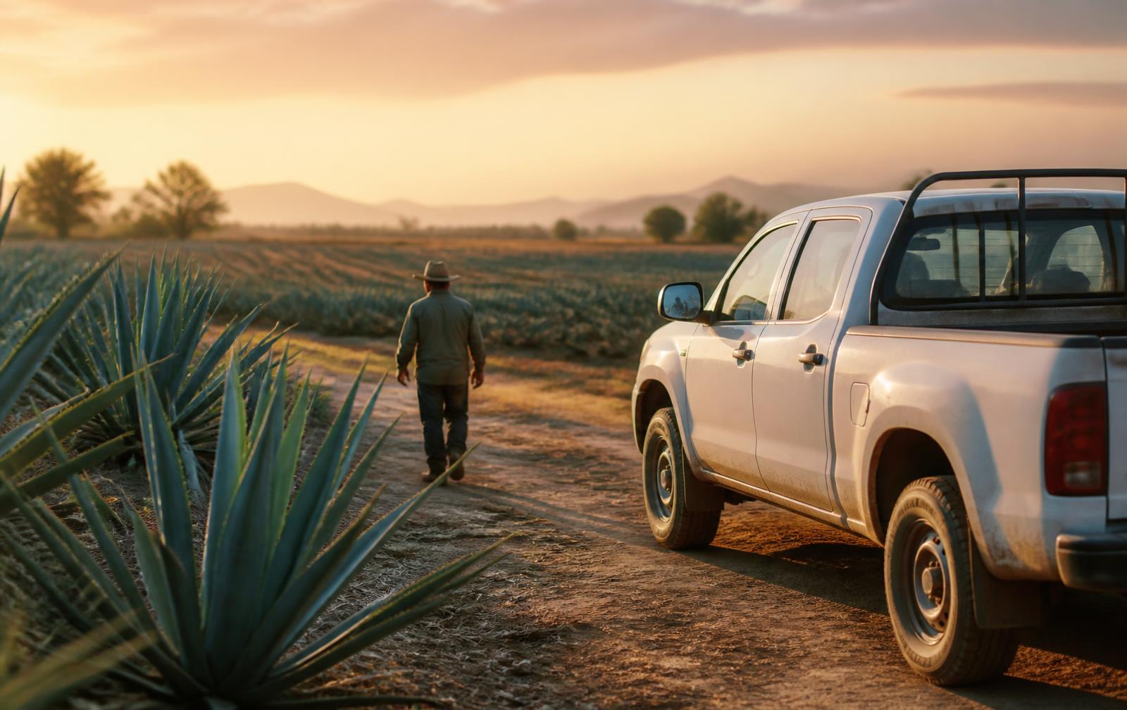 Pickup de trabajo en camino rural entre cultivos