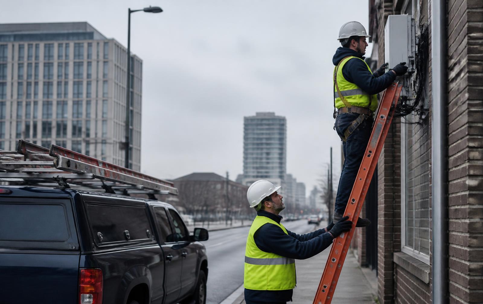 Técnicos trabajando junto a una pickup de servicio