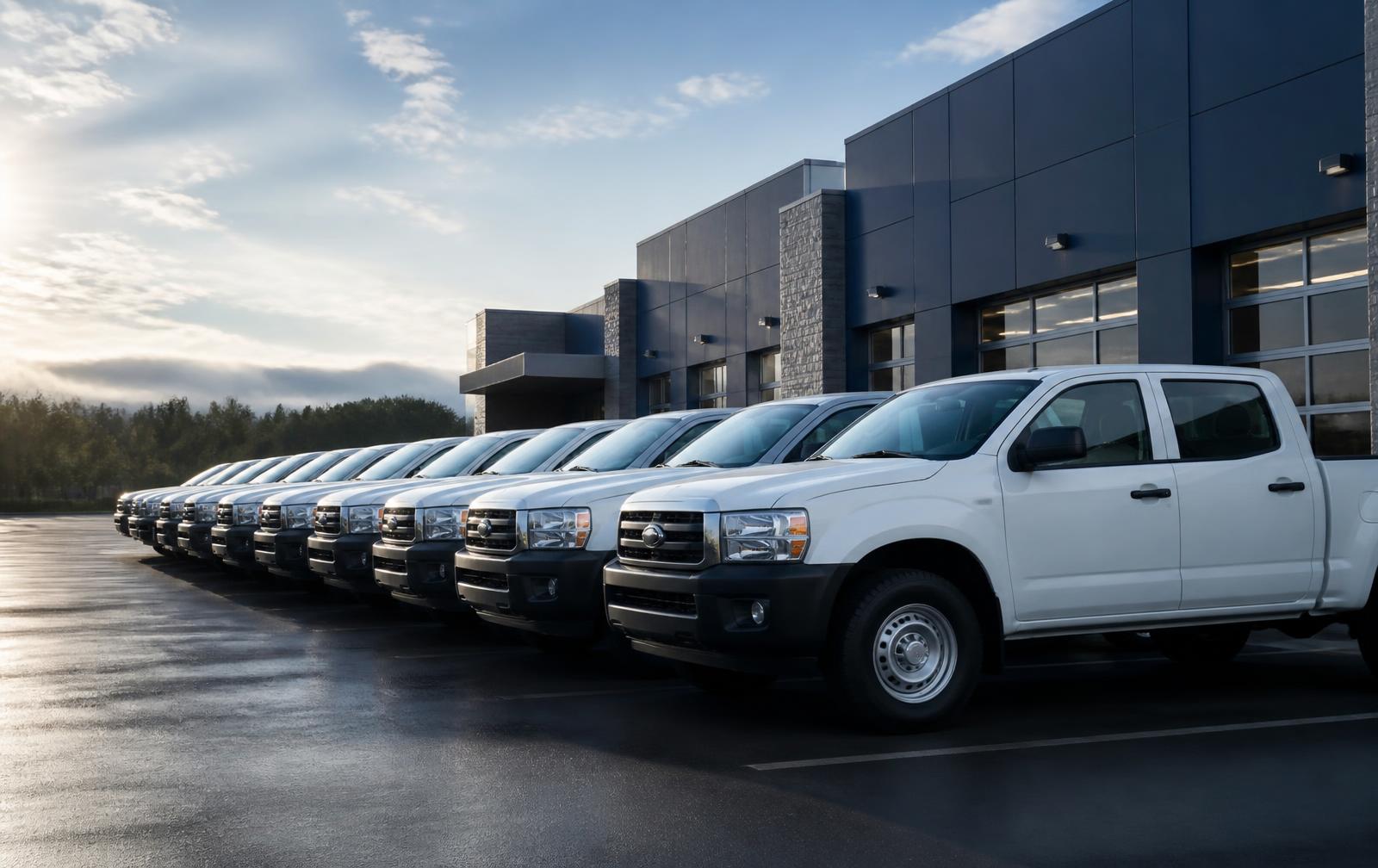 Fila de pickups blancas en instalación corporativa