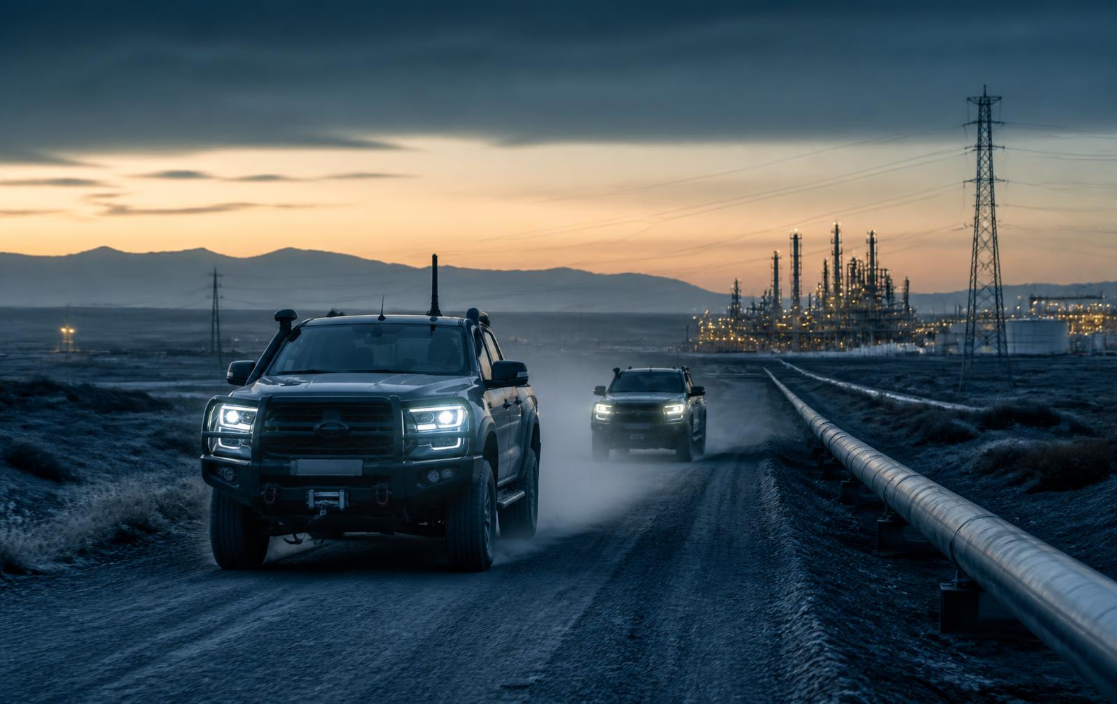 Pickups 4x4 en camino de terracería junto a instalación energética